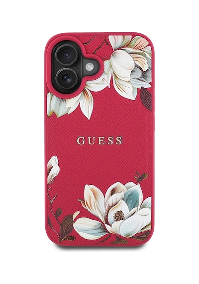 Apple Uyumlu iPhone 16 Kılıf Guess Lisanslı Magsafe Özellikli Taneli Çiçek Tasarımlı Metal Logolu Kapak Fuşya