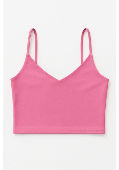 Kadın 2'li Paket Pembe Beyaz Kısa Crop İp Askılı V Yaka Krop Bluz Büstiyer Çok Renkli