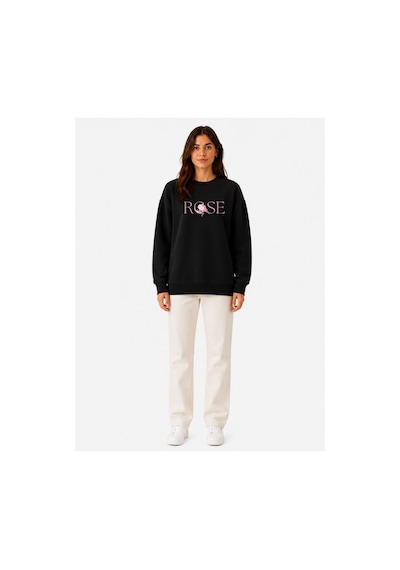 Herkesemoda Rose Baskı Detaylı Şardonlu 2 İplik Bisiklet Yaka Sweatshirt Siyah