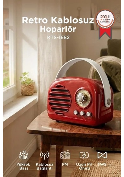 Özel Seri Alışveriş Cihaz Ürün Bluetooth Hoparlör Nostaljik Radyo Kts-1682 Kırmızı