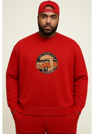 Benroma 3 İplik Penye Wos Wos Baskılı Büyük Beden Unisex Sweatshırt Kırmızı