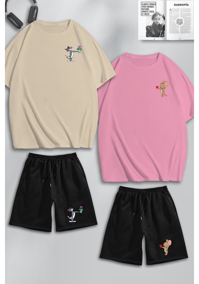 Unisex Kadın Erkek Çiçekli Tom Ve Jerry Baskılı Sevgili Çift Kombini Tasarım Oversize Tshirt Ve Şort Bej Pembe Siyah Mck0428 Çok Renkli