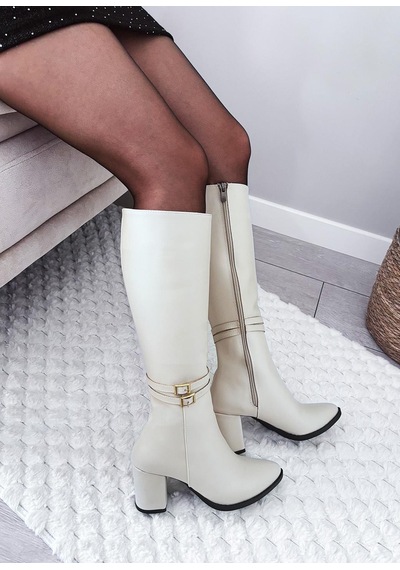Asmi Shoes Kadın Mikeno Tokalı Yandan Fermuarlı Diz Altı Çizme Krem Krem