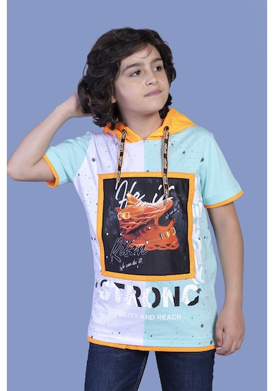Toontoy Kids Toontoy Erkek Çocuk Baskılı Kapüşonlu Kısa Kollu Tişört Su Yeşili