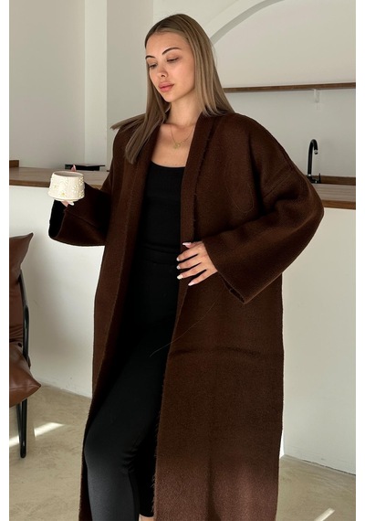 Olcay Oversize Kalın Triko Uzun Hırka Kahve 8274