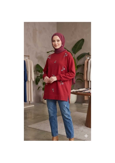 Butik Kadın Boncuk Taş İşlemeli Sweatshirt Bordo Bordo