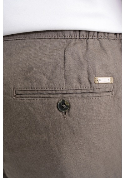 Oversize Kalıp Yan Cep Beli Lastikli Haki Keten Pantolon P 1216
