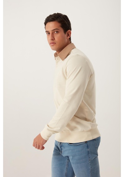 Polostate Erkek 2 İplik Pamuklu Regular Fit Polo Sweat Ekru Gömlek Ekru