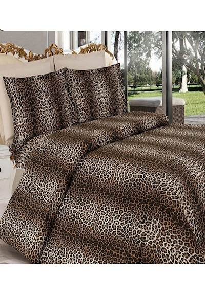 Lionas Set - Leopar Desenli Çift Kişilik Nevresim Seti Sarı Siyah