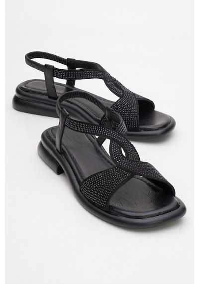 Luvishoes Luvi Shoes Aurora Siyah Hakiki Deri Taşlı Kadın Sandalet Siyah