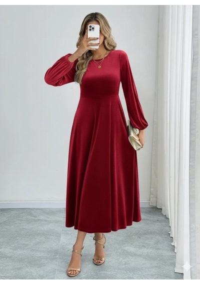 Yake Store Kadın Uzun Kollu Bisiklet Yaka Midi Kadife Elbise - Bordo