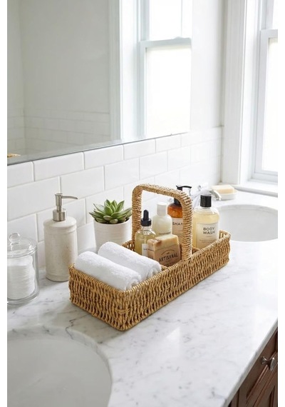 Buffer 3 Bölmeli Hasır Sepet Organizer Saplı, Mutfak Banyo Ofis Çok Amaçlı Düzenleyici, Plastik Rattan Kaşıklı Diğer