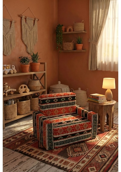 Çocuk Koltuğu Komple Sünger Katlanabilir Yataklı Minder Yatak 0-4 Yaş Siyah Kilim Desen Standart