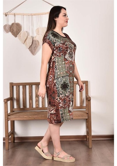 Dip Moda Kadın Desenli Büyük Beden Elbise Dpaysl62 Kahverengi