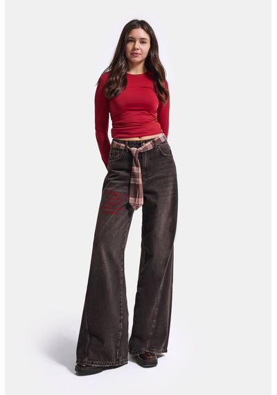 Kadın 4w6-156 Wide Leg Nakış Ve Kravat Detaylı Özel Tasarım Denim Jean Kahve