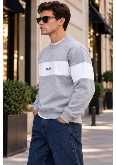 Tarz Cool Erkek Şerit Detaylı Believe Baskılı 3 İplik Şardonlu Bisiklet Yaka Sweatshirt Gri