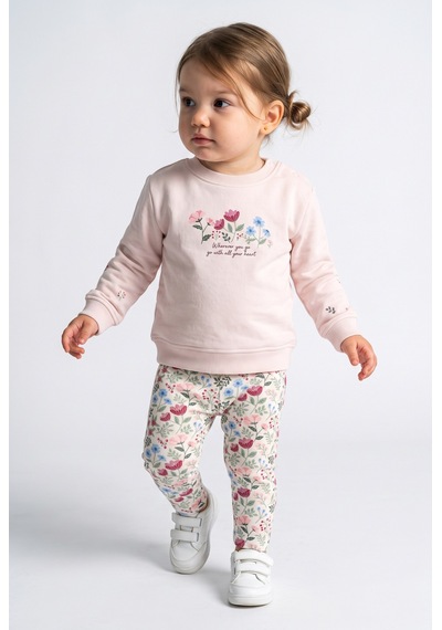 Minipomes 1-4 Yaş Kız Bebek Flover Garden Ribana Taytlı Sweat Takım Pembe