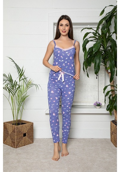 Myben Kadın Mor Renkli Dantel Detaylı Şortlu Ve Taytlı Pijama Takımı 3'lü Set 75029 Mor