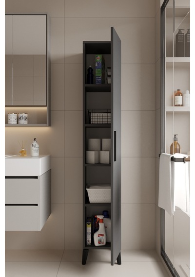 Mundo Tek Kapılı Banyo Dolabı Çok Amaçlı Dolap - Antrasit Antrasit