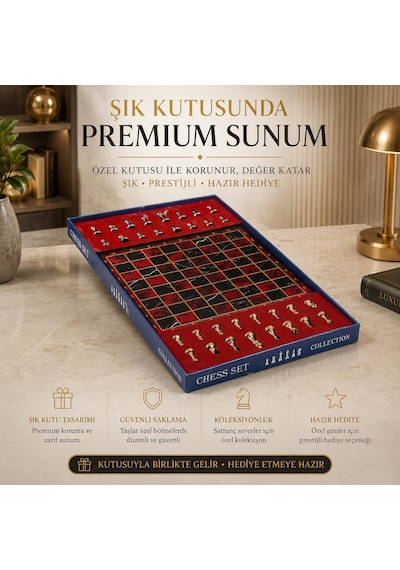 Lüks Metal Satranç Takımı Krom Figürlü 20x20 Cm Kırmızı Tahta Dekoratif Koleksiyon Hediye Seti Özel