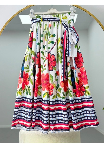 Lovie Moda Karışık Çiçek Desenli Kuşaklı Tesettür Etek Beyaz