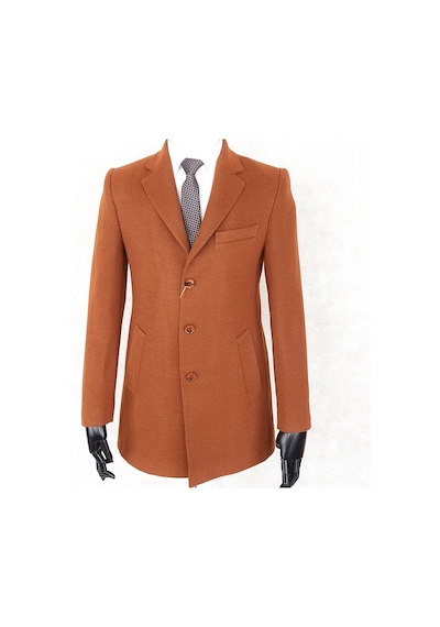 Jan Carlucci Erkek Slim Fit Turuncu Çıkmalı Ceket Yaka Içi Kapitoneli Tek Yırtmaç Dizüstü Kaşe Kaban Turuncu