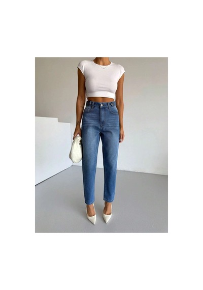 Kene Jeans Mavi Kemer Apolet Detaylı Mom Jeans Mavi