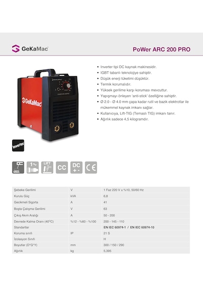 Gekamac Power Arc 200 Pro Inverter Kaynak Makinası + Maske + Elektrod + Fırça