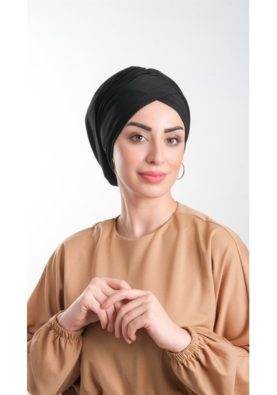 Hürrem Bone Siyah Pratik Hazır Geçmeli Tesettür Bone Sandy Kumaş Büzgülü 2114 Siyah