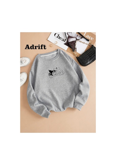 Tarzsokak Kuromi Renkli Oversize Bisiklet Yaka Pamuklu Sweatshirt Gri