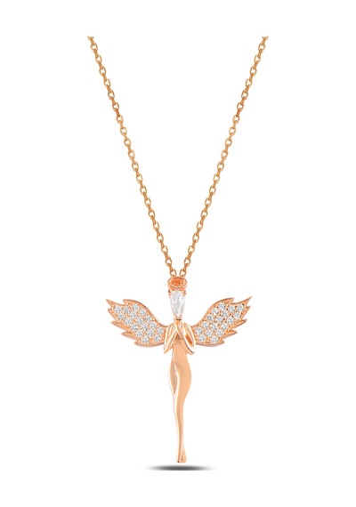 Çekirdekjewelry 925 Ayar Gümüş Melek Kolye Zirkon Taşlı Kanatlı Melek Figürlü Kadın Kolye Pembe