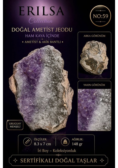 Sertifikalı Doğal Ametist Jeodu Kristal Kuvars Akik Bantlı Koleks