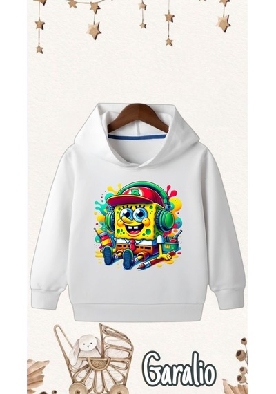 Startmore Sünger Bob Baskılı Kapüşonlu Çocuk Sweatshirt Beyaz