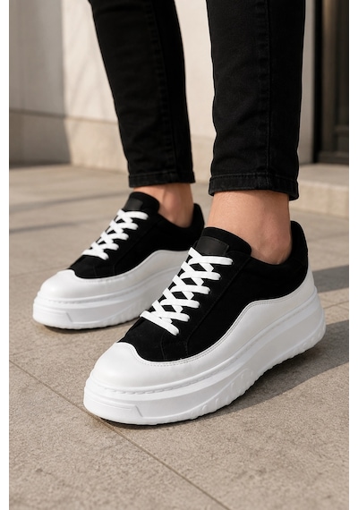 Mevese Ventoy Erkek Bağcıklı Cilt Günlük Sneaker Ayakkabı Siyah Beyaz