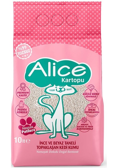Alice Kartopu Pudra Kokulu İnce ve Beyaz Taneli Topaklaşan Kedi Kumu 10 L