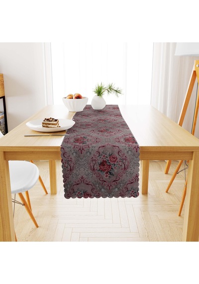 Damask Desenli Vizon Zemin Dijital Baskılı Süet Dokuma Runner 40x140