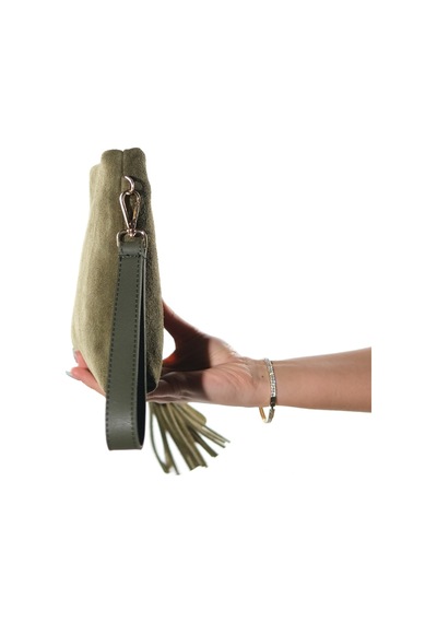Morden Haki Süet Hakiki Deri Kadın Clutch Çanta