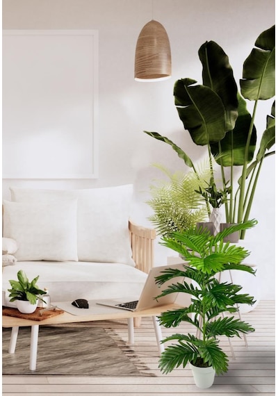 Yapay Çiçek Tropik Areka 80cm 23 Yapraklı Salon Çiçeği Beyaz Saksılı Yapay Bitki