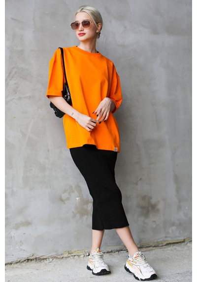 Madmext Turuncu Bisiklet Yaka Basic Oversize T-shirt Mg1687-turuncu Turuncu