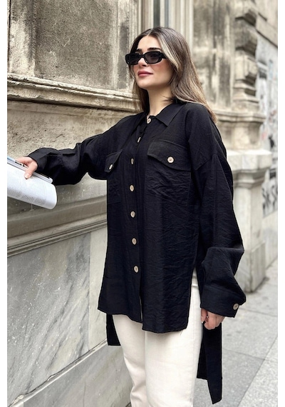 WeShaya Kadın Siyah Balon Kol, Pileli, Yırtmaçlı, Oversize, Keten Tunik Gömlek Siyah
