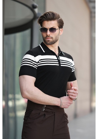 Madmext Siyah Fermuarlı Polo Yaka Erkek Triko T-shirt E7407 Siyah