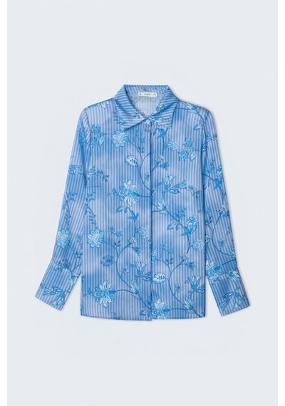 Sateen Çizgi Ve Çiçek Desenli Gömlek - Mavi-137460
