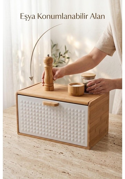 Atbyhome Çift Açılır Kapaklı Doğal Bambu Ekmek Kutusu 35.5x23.5x21 Cm - Beyaz Mat Metal Tezgah Üstü Ekmeklik