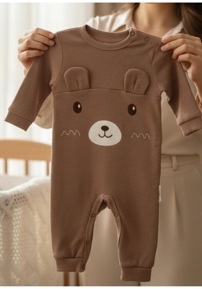 Altıntaş Baby Kulaklı Ayıcık Nakışlı Bereli Erkek Bebek Fitilli Tulum Bej Bej