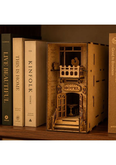 Hotel Book Nook Ahşap Maket Seti Dıy Miniatür Otel Binası Peri Led'li Kitaplık Dekoru