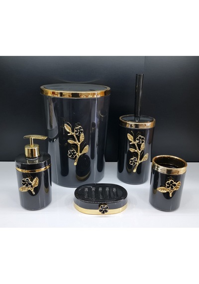5 Parça Yuvarlak Akrilik Banyo Seti Siyah Gold Papatya Desen Siyah