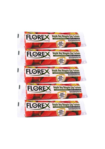 Florex 60 Litre Büzgülü Çilek Kokulu Çöp Torbası Poşeti / 65 x 70 CM - 10 x 5 Rulo / Paket