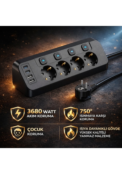 Akım Korumalı 4 Lü Priz 3680w 2 Usb-a + 2 Type-c Bireysel Anahtarlı Aşırı Yük & Isı Korumalı Çoklu Priz 2 M