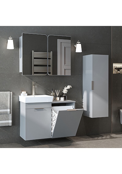 Dubai Mdflam Sepetli Banyo Dolabı Seti, Lavabolu Alt Dolap + Aynalı Banyo Üst Dolabı + Boy Dolabı Kül Gri Dubai Mdflam Sepetli Banyo Dolabı Seti, Lavabolu Alt Dolap + Aynalı Banyo Üst Dolabı + Boy Dolabı Kül Gri