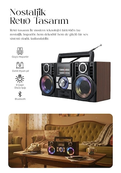 Radyo & Rgb Led Disko Işıklı Nostaljik Bluetooth Özellikli Hoparlör 4 Bantlı Şarj Edilebilir Speaker